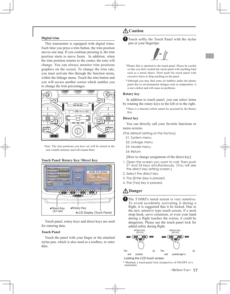 Caution, Danger, Touch panel/ rotary key/ direct key | How to change assignment of the direct key | Futaba 18MZ 2.4GHz User Manual | Page 17 / 164