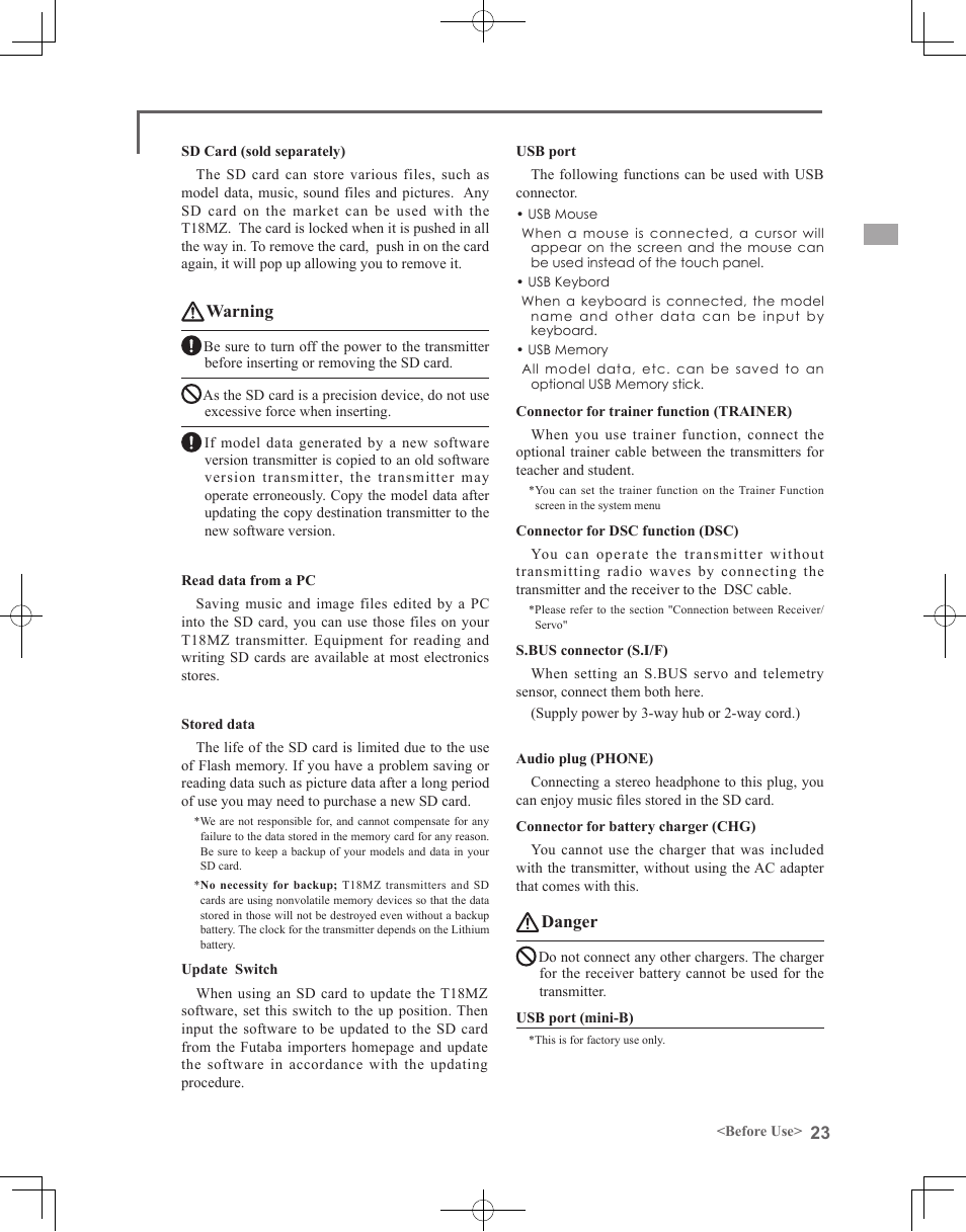Warning, Danger | Futaba 18MZ 2.4GHz User Manual | Page 23 / 164