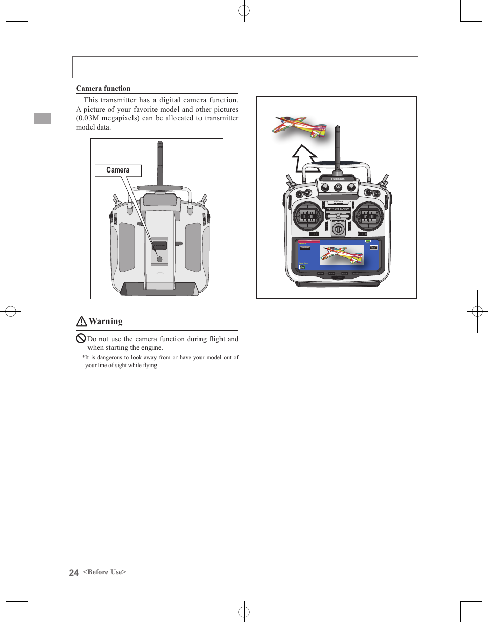 Warning, Camera | Futaba 18MZ 2.4GHz User Manual | Page 24 / 164