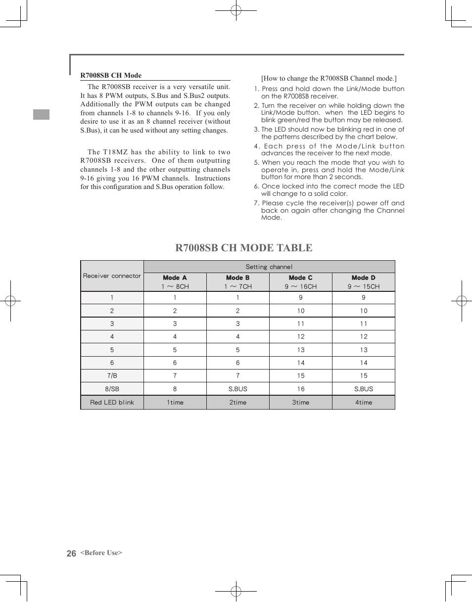 R7008sb ch mode table | Futaba 18MZ 2.4GHz User Manual | Page 26 / 164