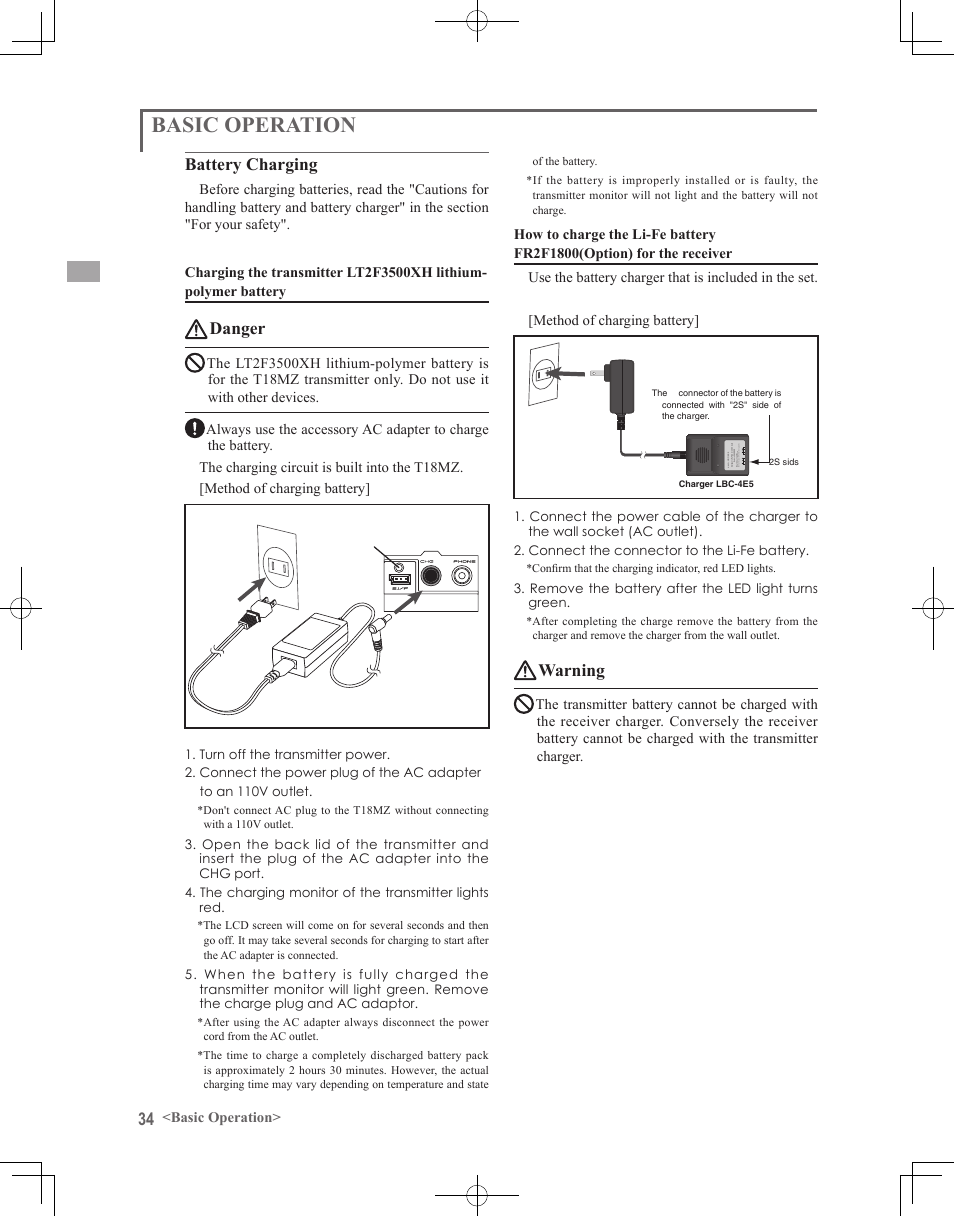 Basic operation, Battery charging, Danger | Warning | Futaba 18MZ 2.4GHz User Manual | Page 34 / 164
