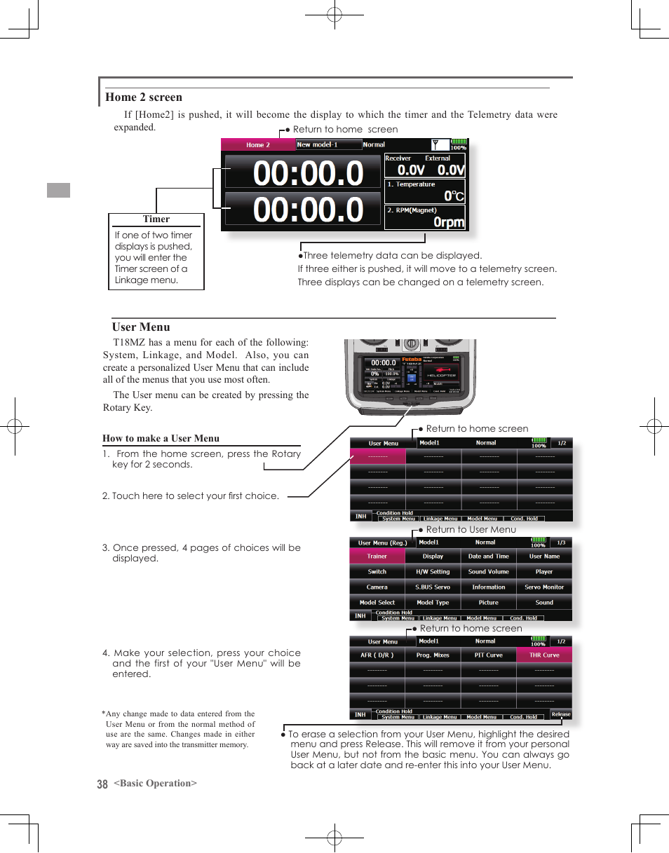 User menu, Home 2 screen | Futaba 18MZ 2.4GHz User Manual | Page 38 / 164