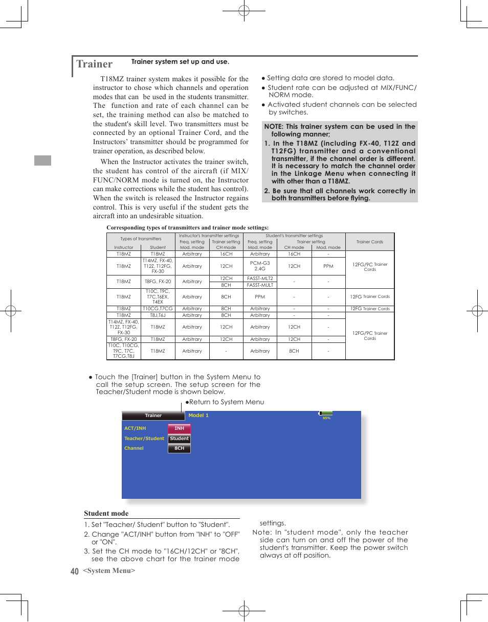 Trainer, System menu, Student mode | Futaba 18MZ 2.4GHz User Manual | Page 40 / 164