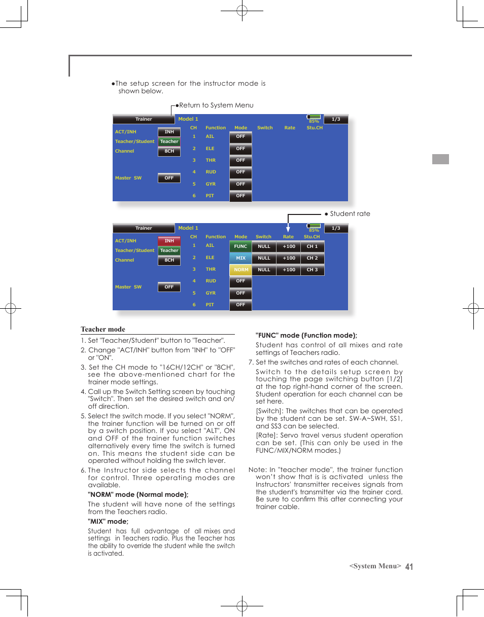 System menu> teacher mode | Futaba 18MZ 2.4GHz User Manual | Page 41 / 164