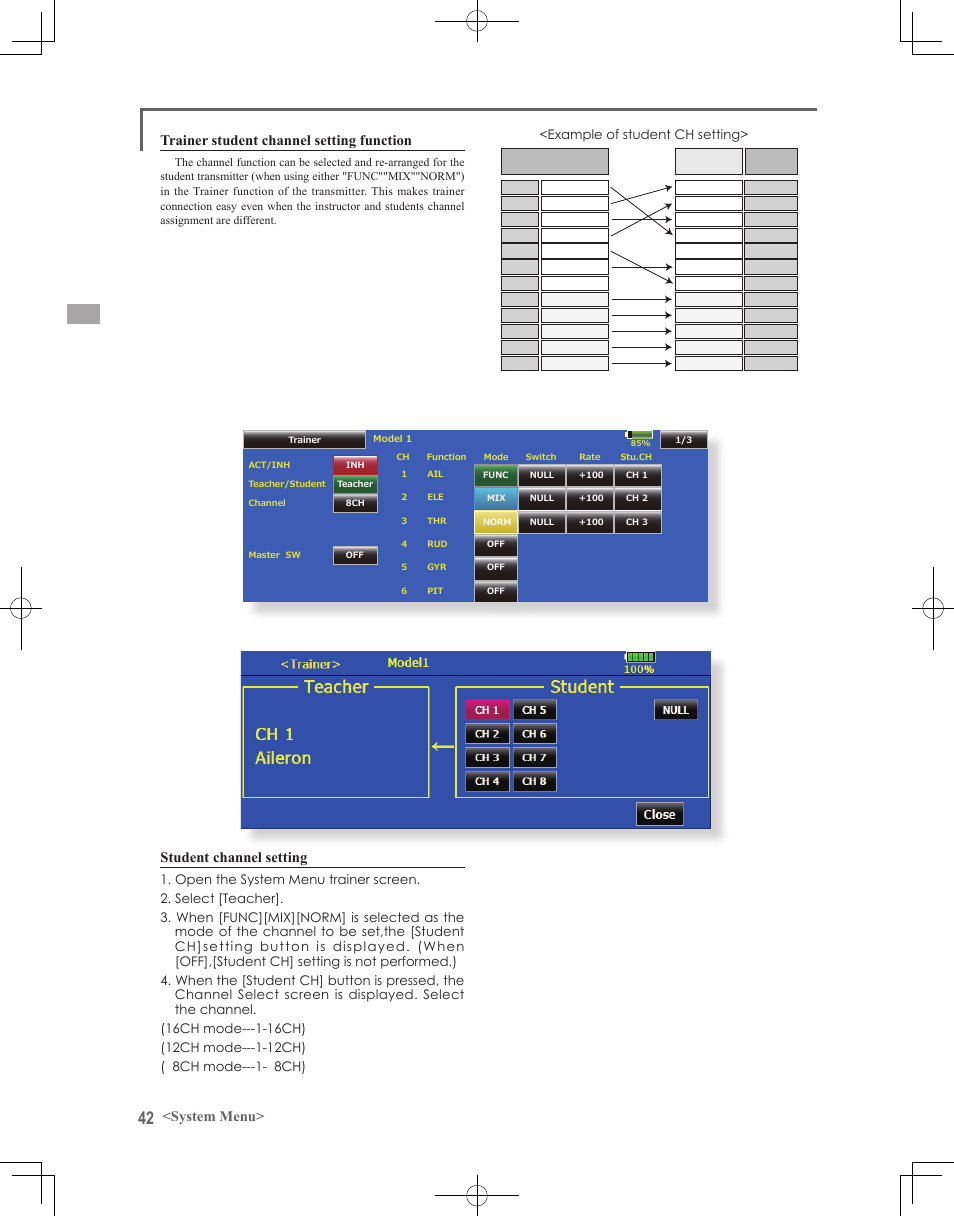 System menu> student channel setting, Trainer student channel setting function | Futaba 18MZ 2.4GHz User Manual | Page 42 / 164