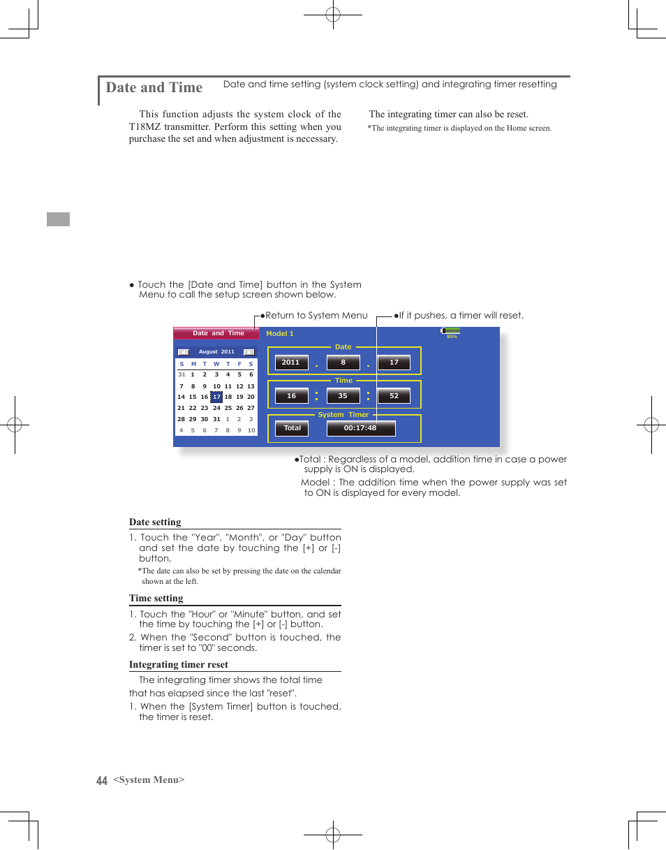 Date and time | Futaba 18MZ 2.4GHz User Manual | Page 44 / 164