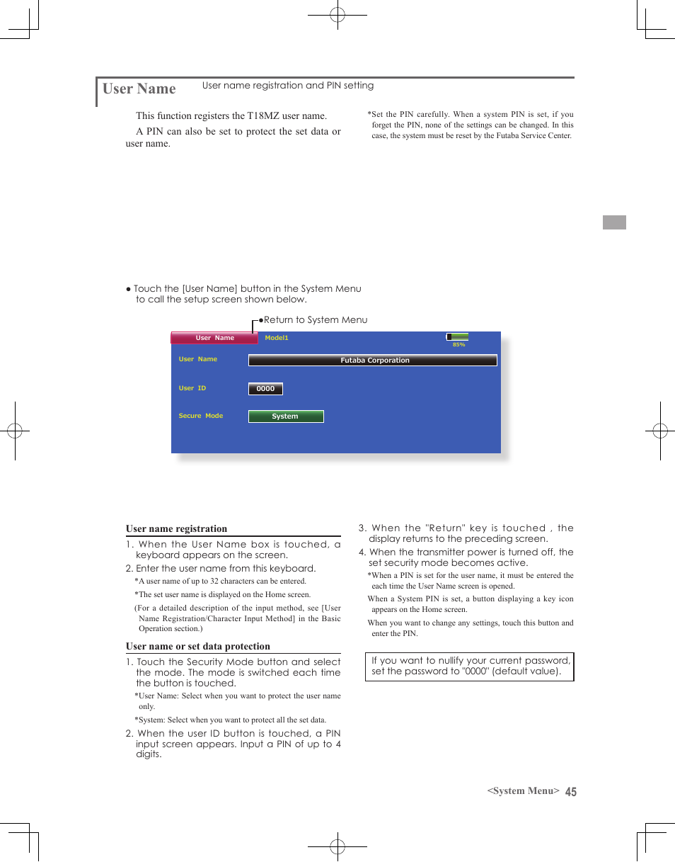 User name | Futaba 18MZ 2.4GHz User Manual | Page 45 / 164