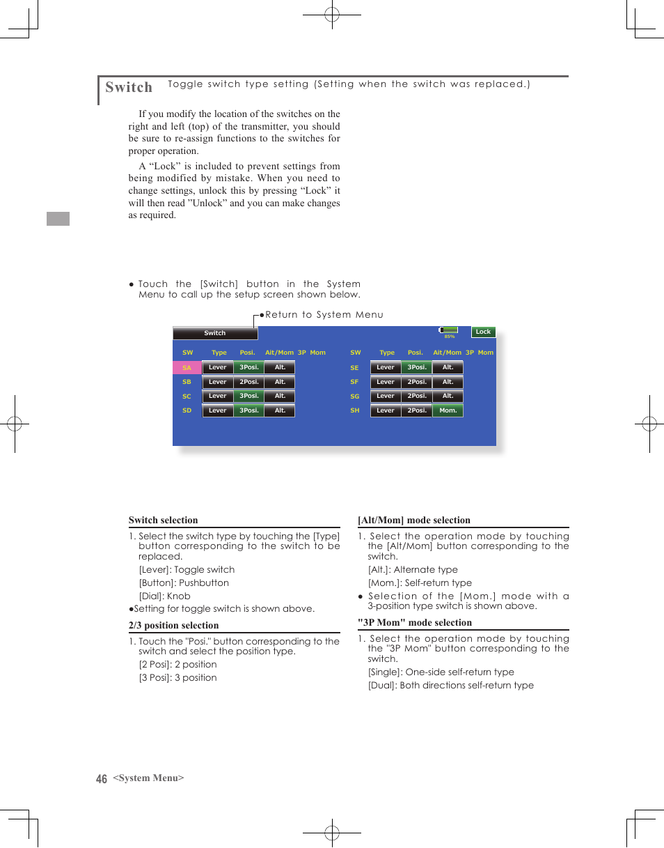 Switch | Futaba 18MZ 2.4GHz User Manual | Page 46 / 164