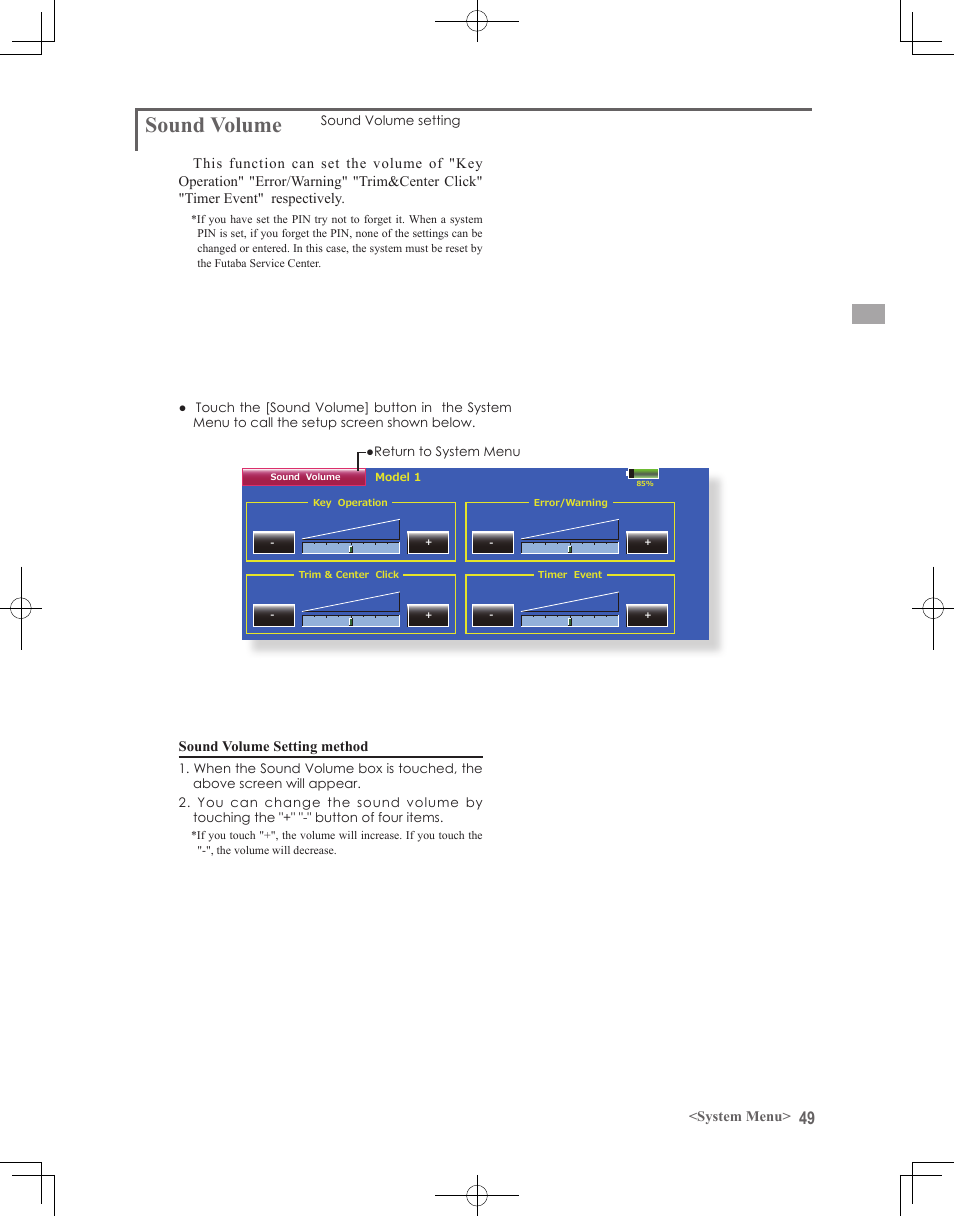 Sound volume | Futaba 18MZ 2.4GHz User Manual | Page 49 / 164