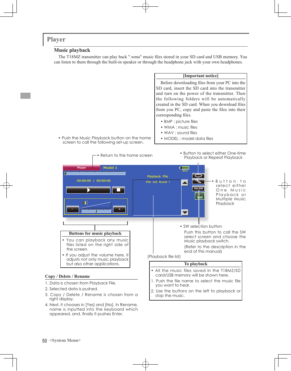 Player, Music playback | Futaba 18MZ 2.4GHz User Manual | Page 50 / 164