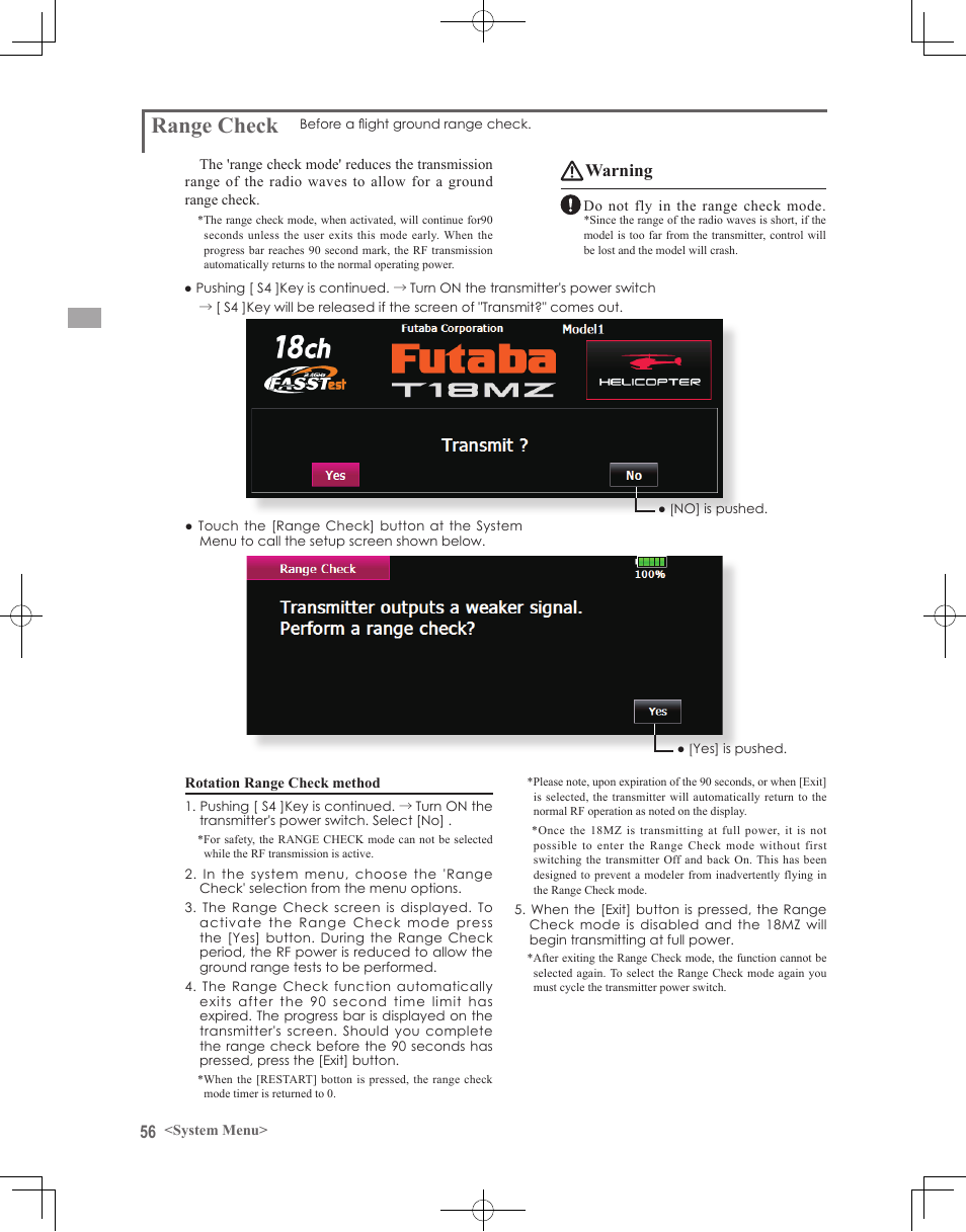 Range check, Warning | Futaba 18MZ 2.4GHz User Manual | Page 56 / 164