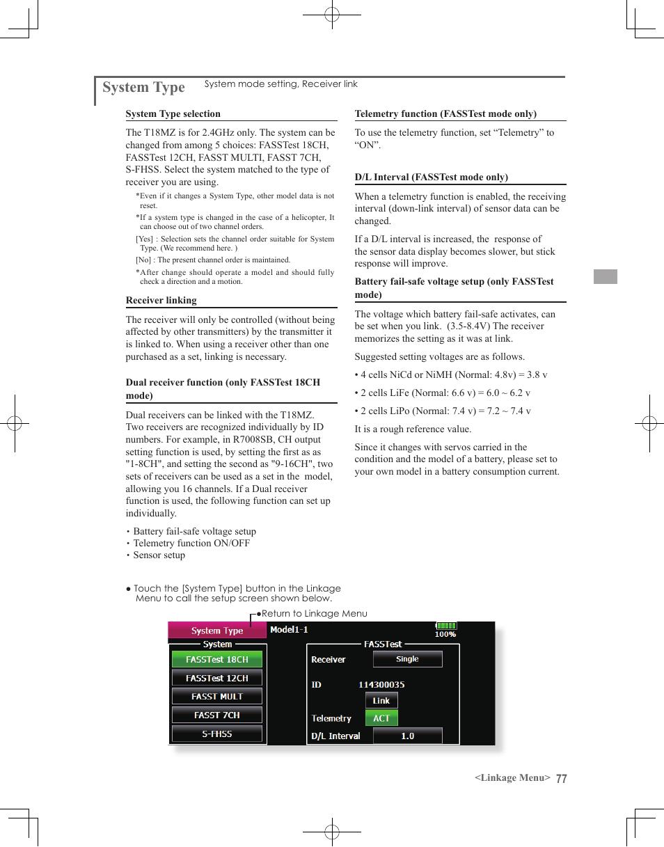 System type | Futaba 18MZ 2.4GHz User Manual | Page 77 / 164