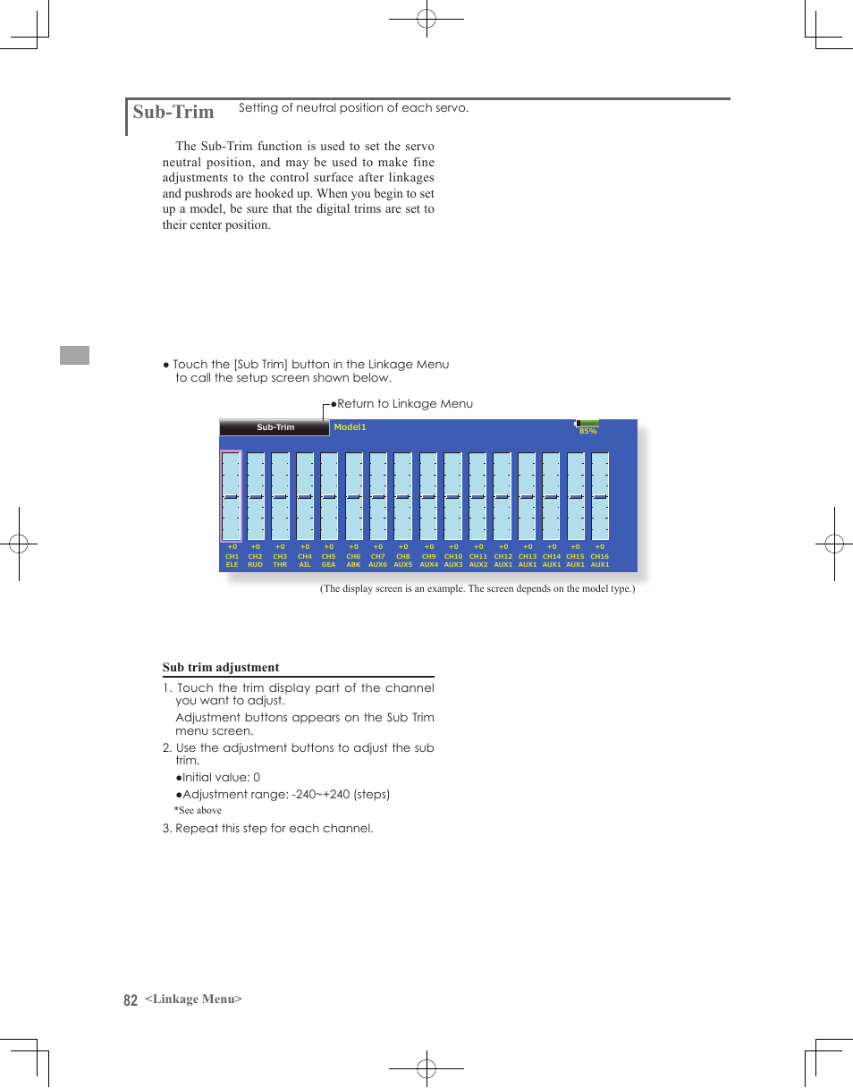 Sub-trim, Linkage menu, Setting of neutral position of each servo | Repeat this step for each channel | Futaba 18MZ 2.4GHz User Manual | Page 82 / 164