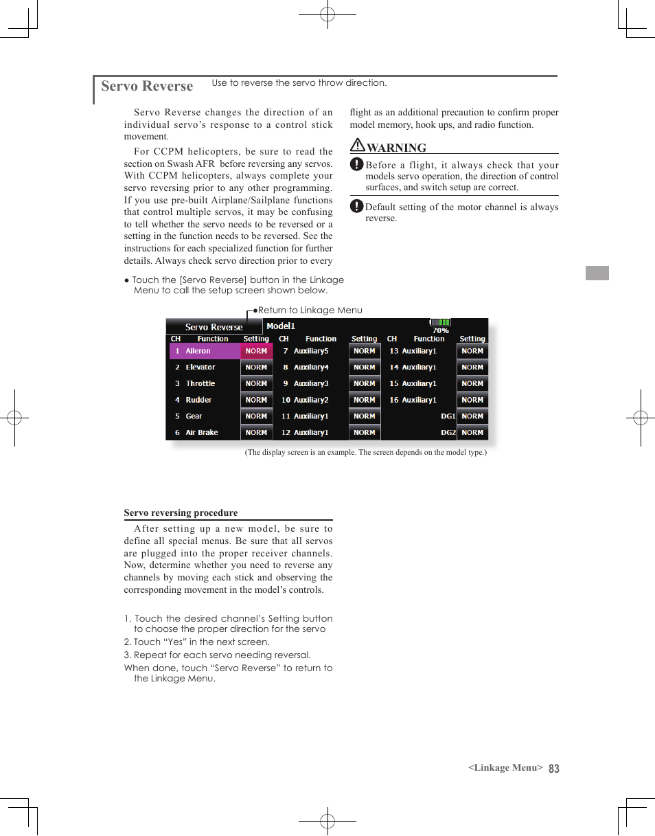 Servo reverse | Futaba 18MZ 2.4GHz User Manual | Page 83 / 164