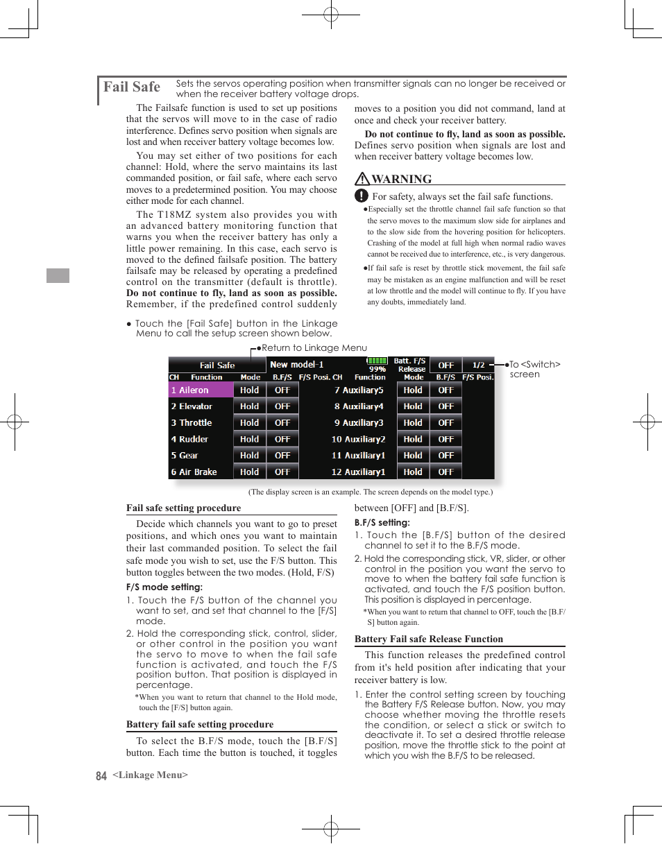 Fail safe, Warning | Futaba 18MZ 2.4GHz User Manual | Page 84 / 164