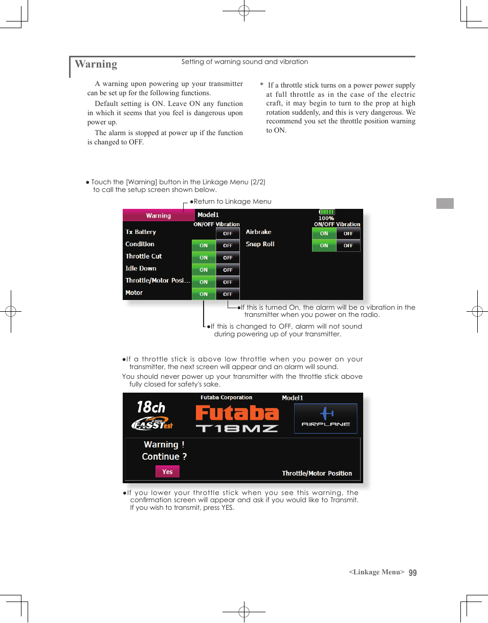 Warning | Futaba 18MZ 2.4GHz User Manual | Page 99 / 164