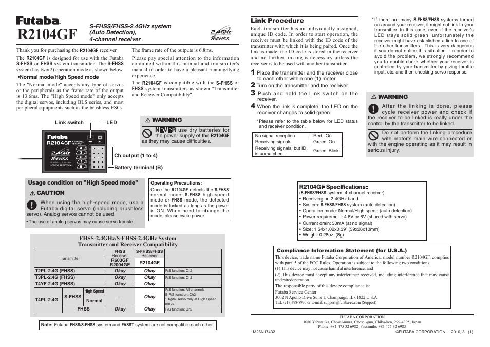 Futaba R2104GF User Manual | 1 page