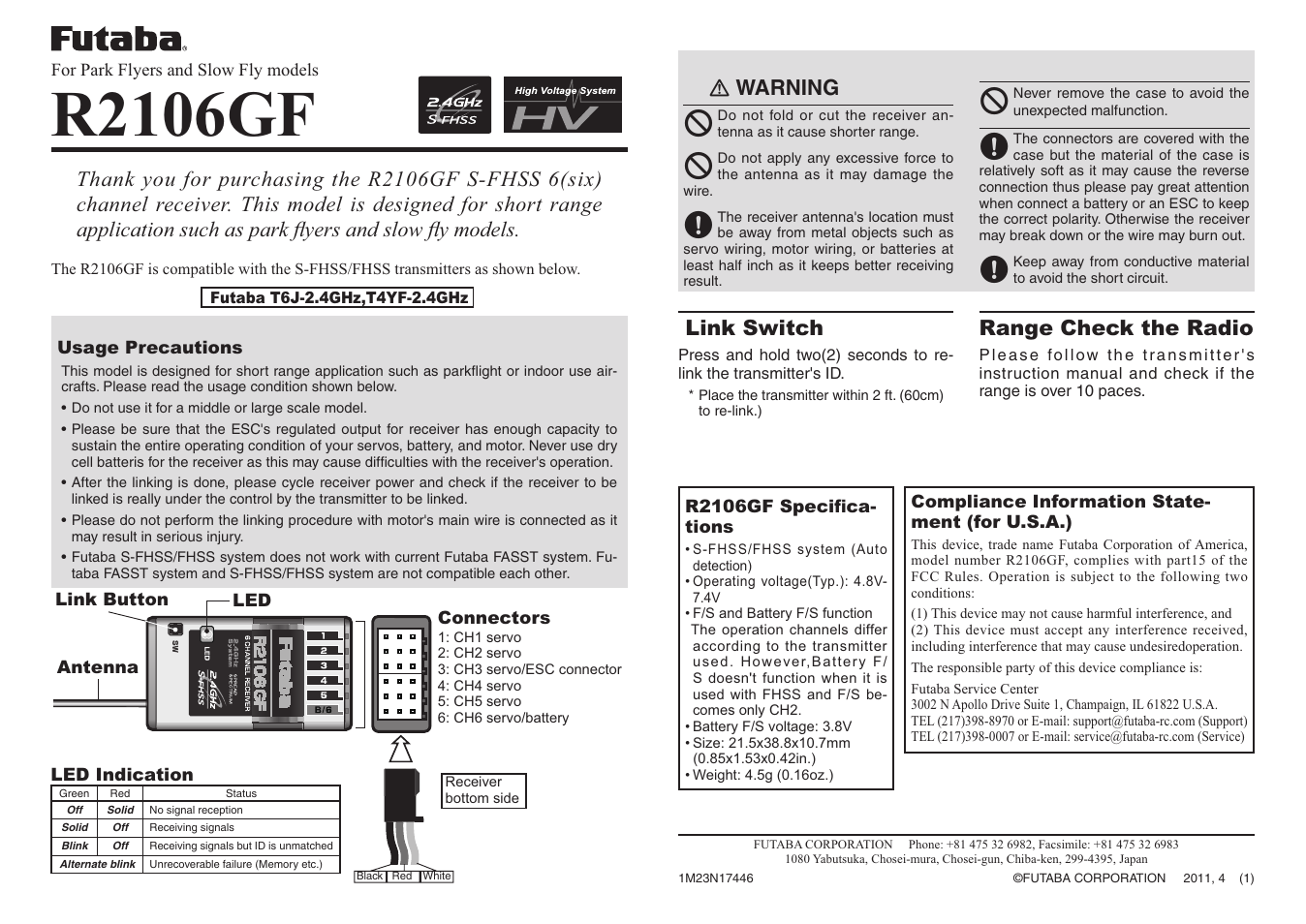 Futaba R2106GF User Manual | 1 page