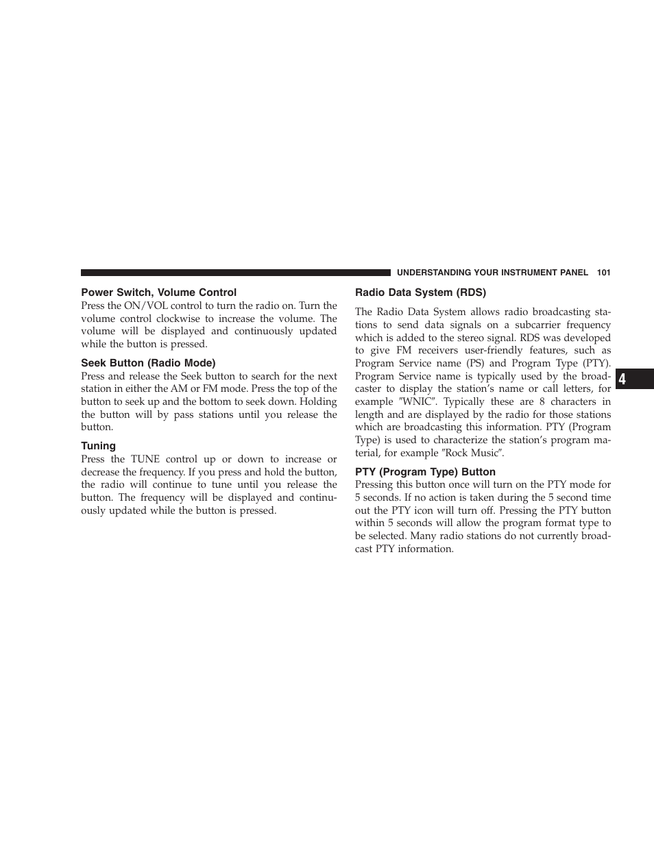 Power switch, volume control, Seek button (radio mode), Tuning | Radio data system (rds), Pty (program type) button | Chrysler 2006 Sebring Convertible User Manual | Page 101 / 302