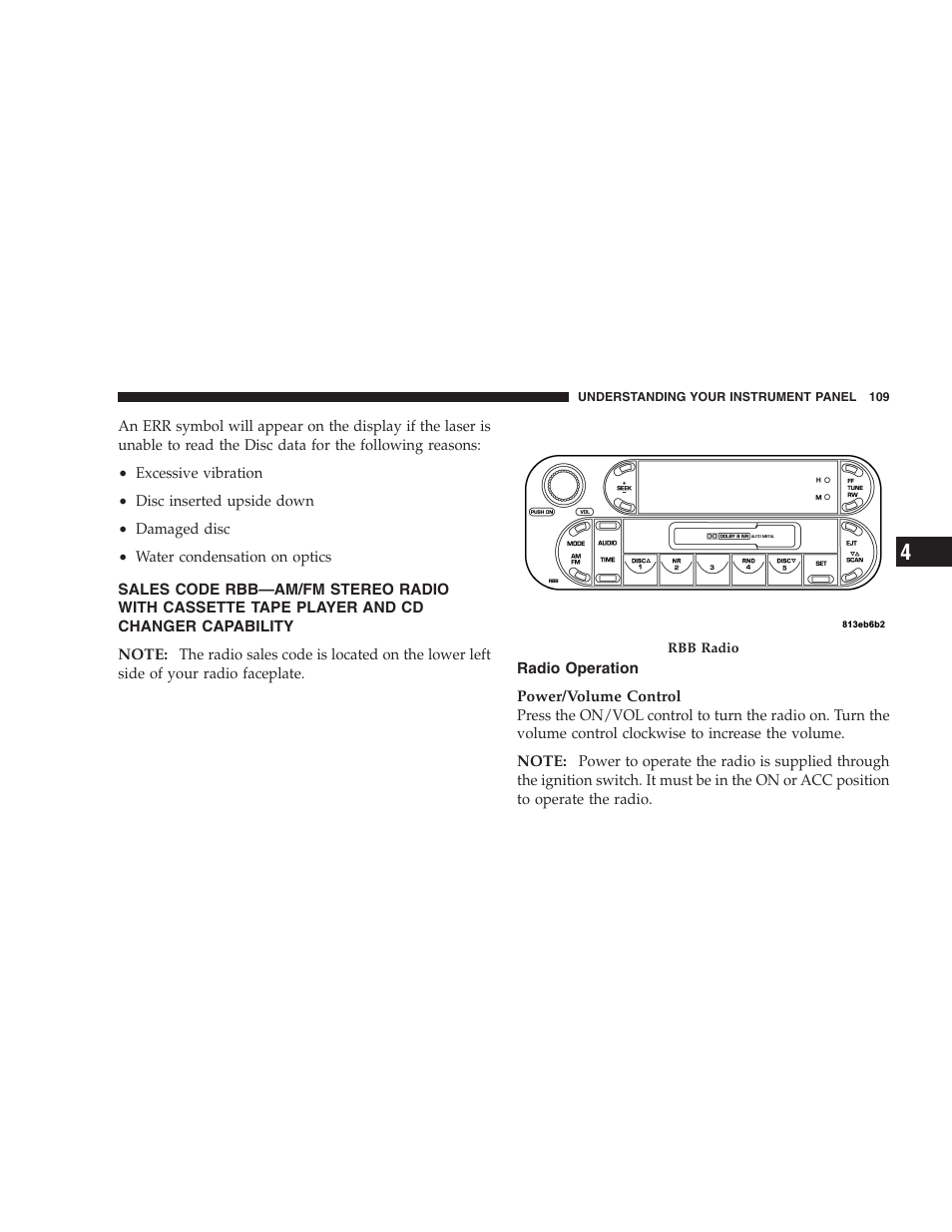 Sales code rbb—am/fm stereo radio, Radio operation | Chrysler 2006 Sebring Convertible User Manual | Page 109 / 302