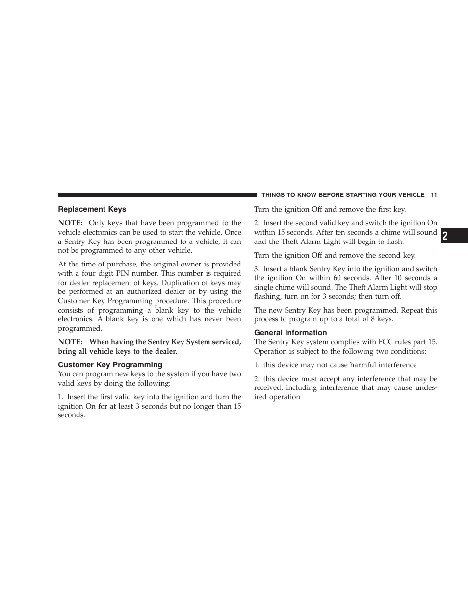 Replacement keys, Customer key programming, General information | Chrysler 2006 Sebring Convertible User Manual | Page 11 / 302