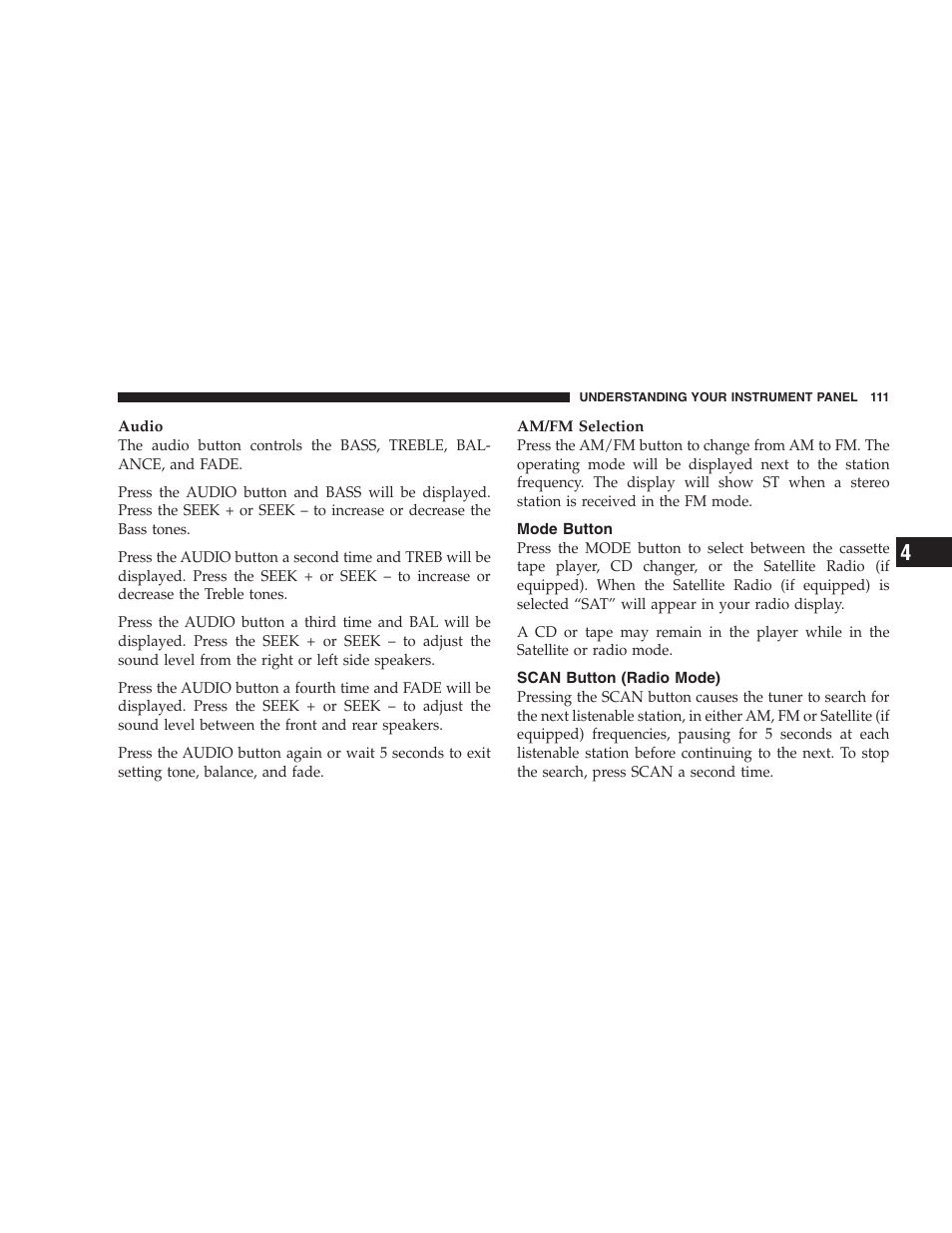 Mode button, Scan button (radio mode) | Chrysler 2006 Sebring Convertible User Manual | Page 111 / 302