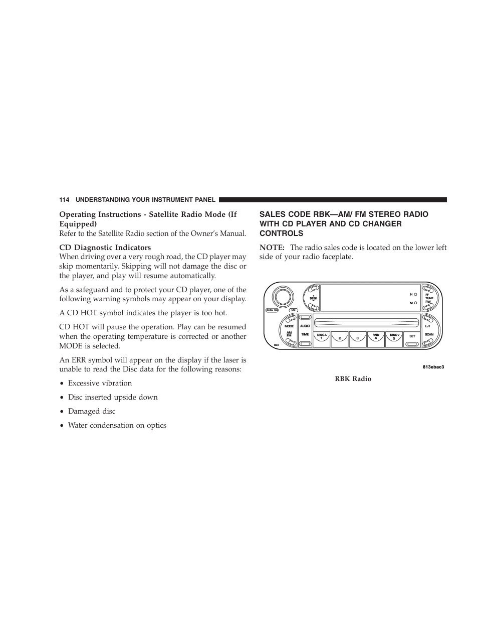 Sales code rbk—am/ fm stereo radio, With cd player and cd changer controls | Chrysler 2006 Sebring Convertible User Manual | Page 114 / 302