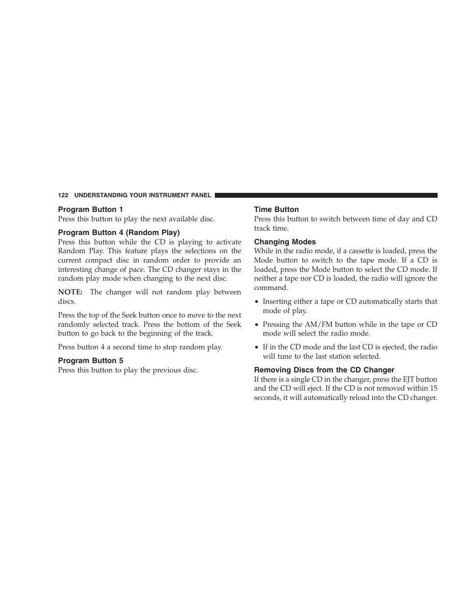 Program button 1, Program button 4 (random play), Program button 5 | Time button, Changing modes, Removing discs from the cd changer | Chrysler 2006 Sebring Convertible User Manual | Page 122 / 302