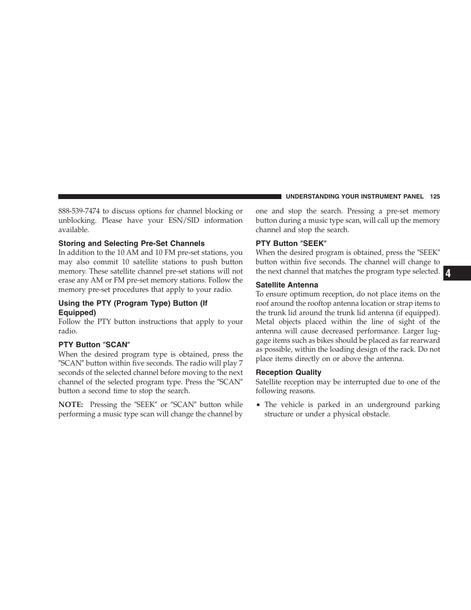 Storing and selecting pre-set channels, Using the pty (program type) button, If equipped) | Pty button љscanљ, Pty button љseekљ, Satellite antenna, Reception quality | Chrysler 2006 Sebring Convertible User Manual | Page 125 / 302