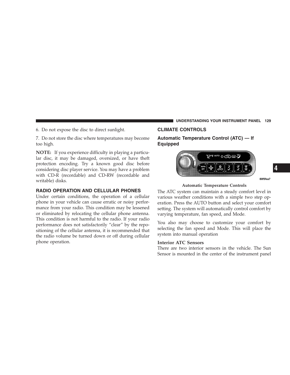 Radio operation and cellular phones, Climate controls, Automatic temperature control (atc) | If equipped | Chrysler 2006 Sebring Convertible User Manual | Page 129 / 302