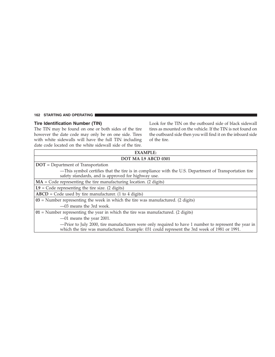 Tire identification number (tin) | Chrysler 2006 Sebring Convertible User Manual | Page 162 / 302