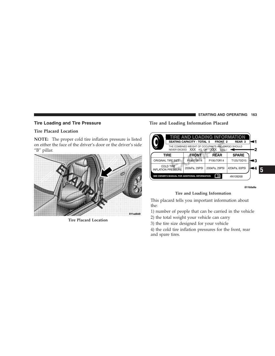 Tire loading and tire pressure | Chrysler 2006 Sebring Convertible User Manual | Page 163 / 302