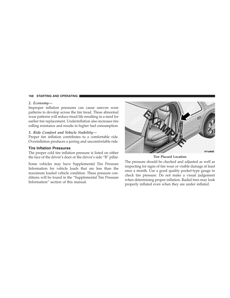 Tire inflation pressures | Chrysler 2006 Sebring Convertible User Manual | Page 168 / 302