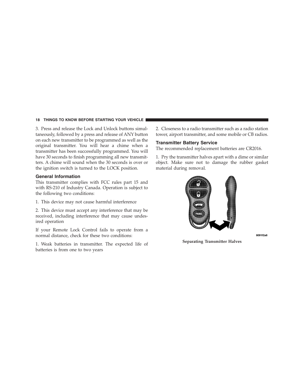General information, Transmitter battery service | Chrysler 2006 Sebring Convertible User Manual | Page 18 / 302