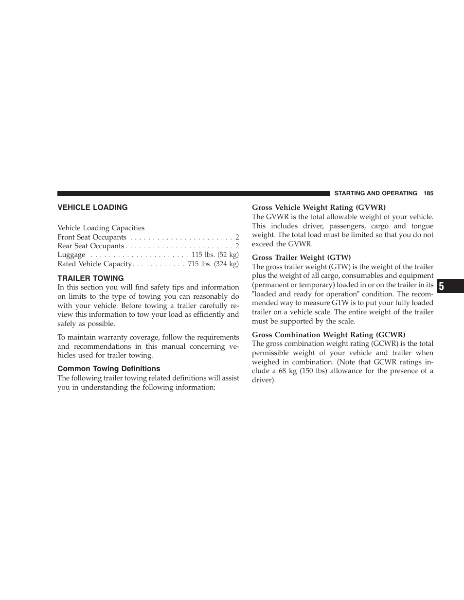 Vehicle loading, Trailer towing, Common towing definitions | Chrysler 2006 Sebring Convertible User Manual | Page 185 / 302