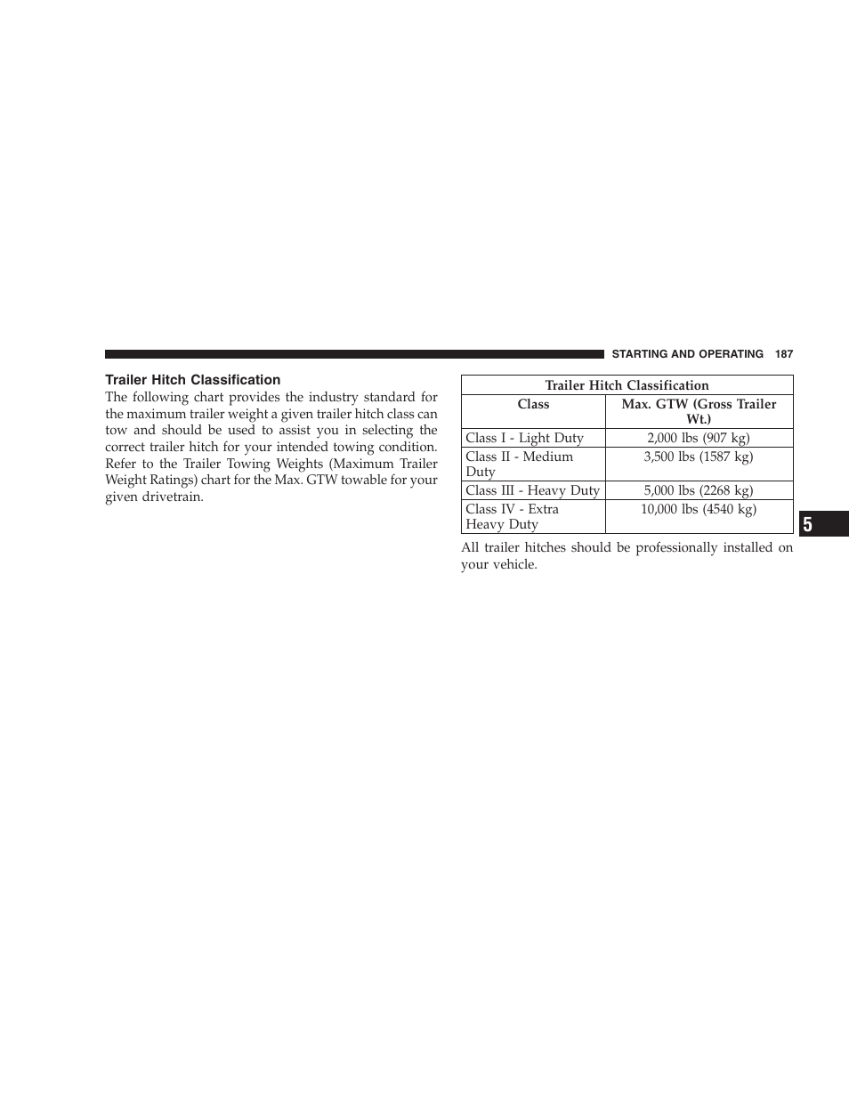 Trailer hitch classification | Chrysler 2006 Sebring Convertible User Manual | Page 187 / 302