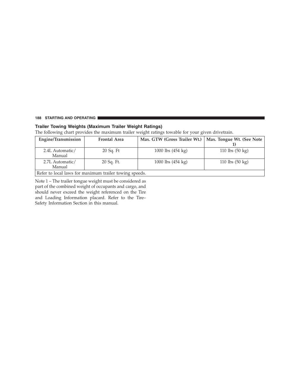 Trailer towing weights (maximum trailer, Weight ratings) | Chrysler 2006 Sebring Convertible User Manual | Page 188 / 302