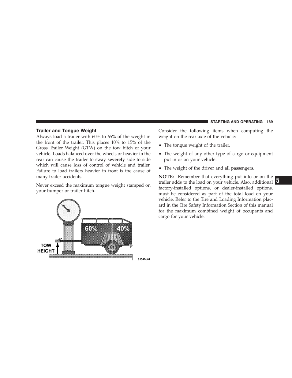Trailer and tongue weight | Chrysler 2006 Sebring Convertible User Manual | Page 189 / 302
