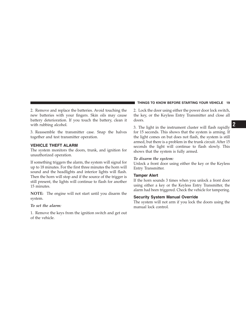 Vehicle theft alarm, Tamper alert, Security system manual override | Chrysler 2006 Sebring Convertible User Manual | Page 19 / 302