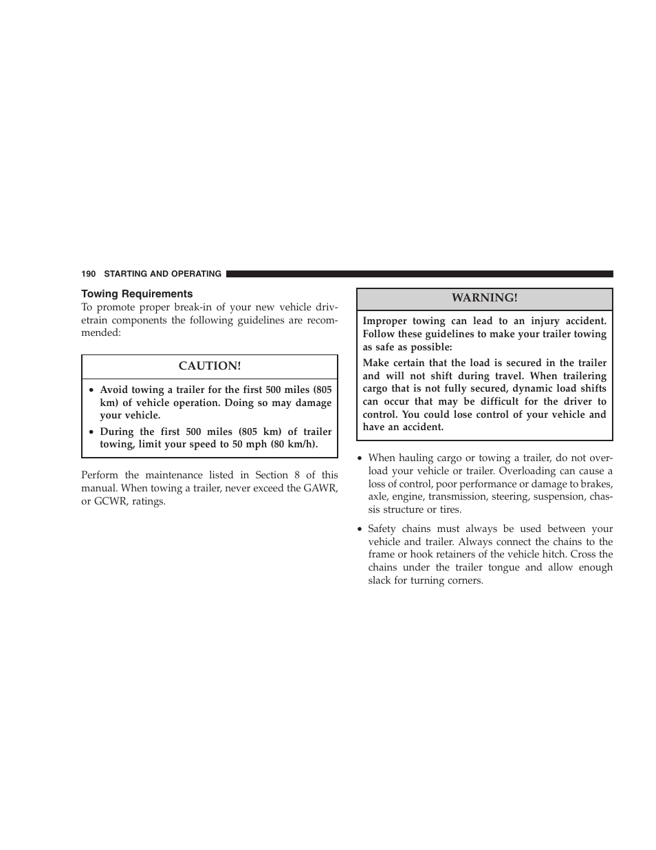 Towing requirements | Chrysler 2006 Sebring Convertible User Manual | Page 190 / 302