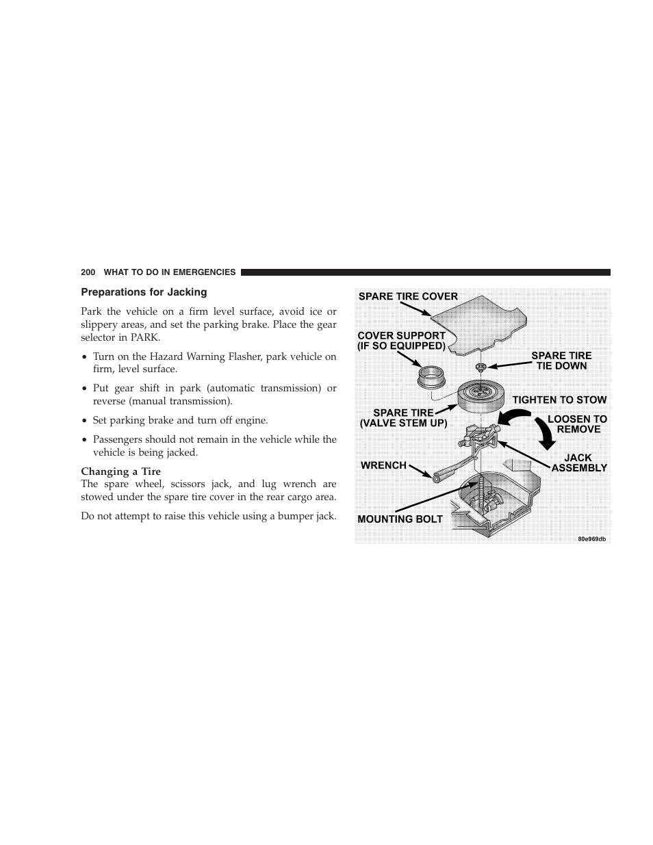 Preparations for jacking | Chrysler 2006 Sebring Convertible User Manual | Page 200 / 302