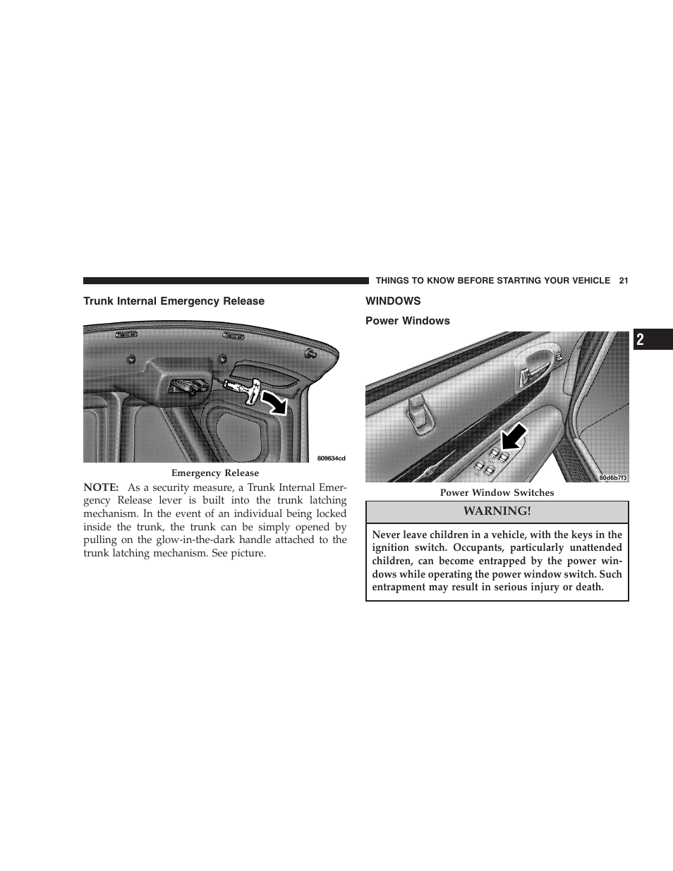 Trunk internal emergency release, Windows, Power windows | Chrysler 2006 Sebring Convertible User Manual | Page 21 / 302