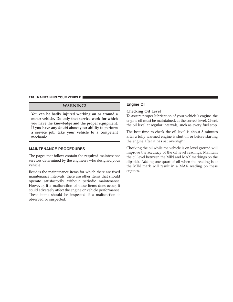 Maintenance procedures, Engine oil | Chrysler 2006 Sebring Convertible User Manual | Page 218 / 302