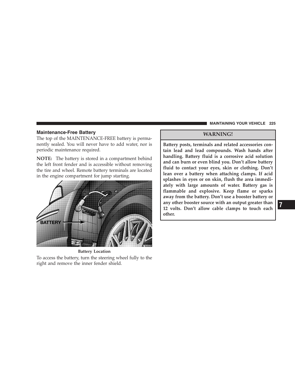 Maintenance-free battery | Chrysler 2006 Sebring Convertible User Manual | Page 225 / 302