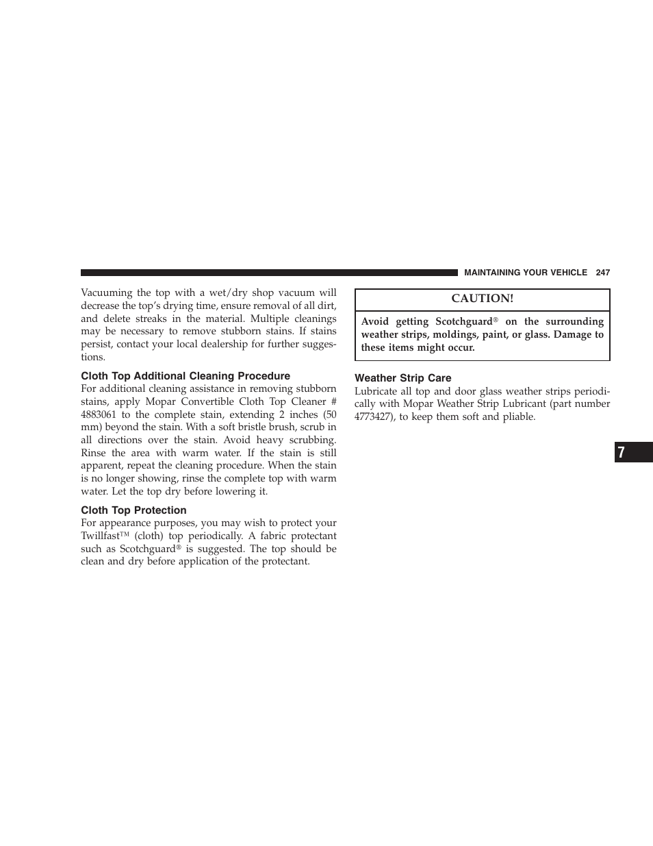Cloth top additional cleaning procedure, Cloth top protection, Weather strip care | Chrysler 2006 Sebring Convertible User Manual | Page 247 / 302