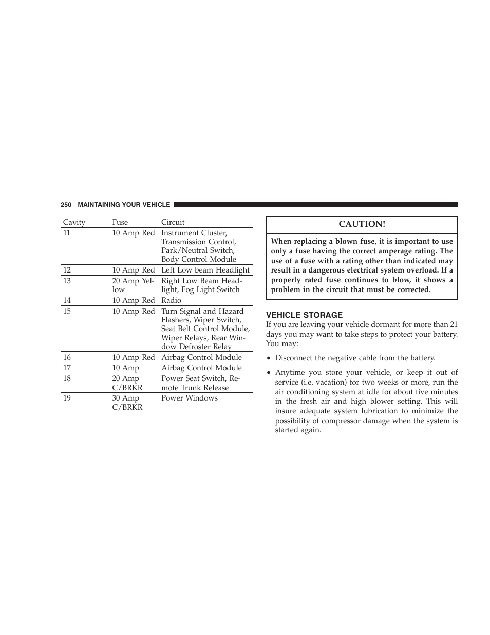 Vehicle storage | Chrysler 2006 Sebring Convertible User Manual | Page 250 / 302