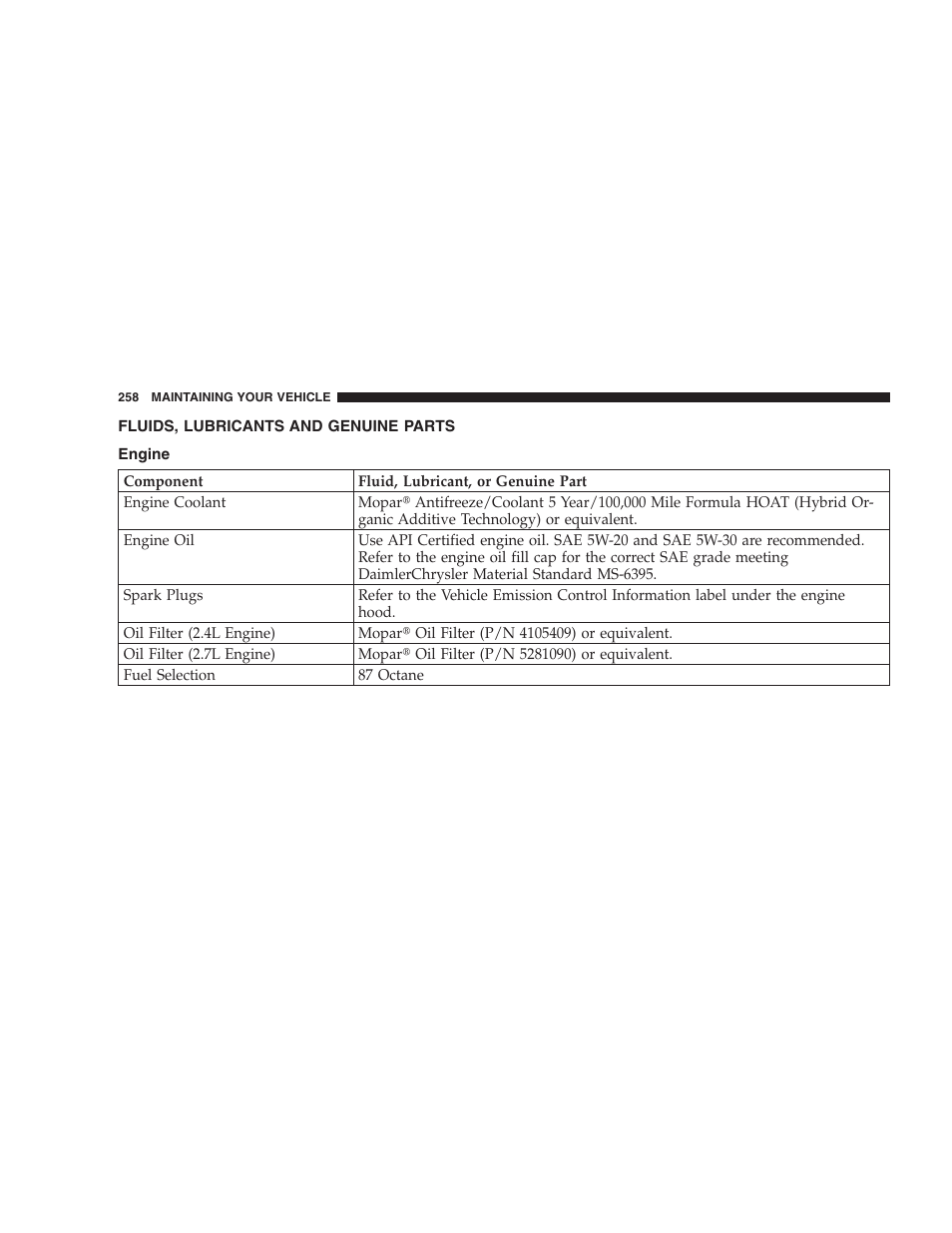 Fluids, lubricants and genuine parts, Engine | Chrysler 2006 Sebring Convertible User Manual | Page 258 / 302