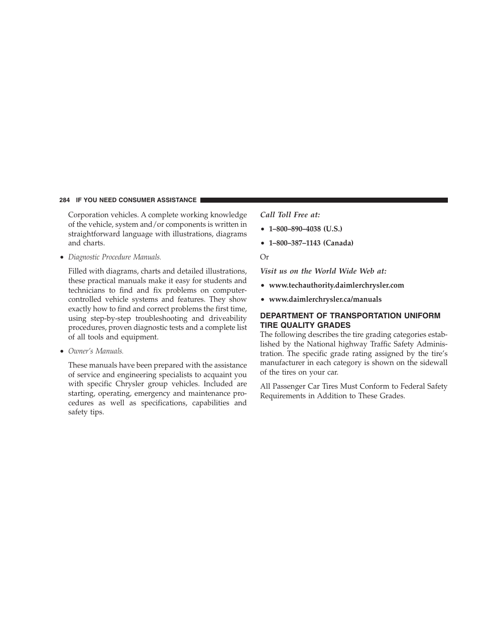 Department of transportation uniform tire, Quality grades | Chrysler 2006 Sebring Convertible User Manual | Page 284 / 302