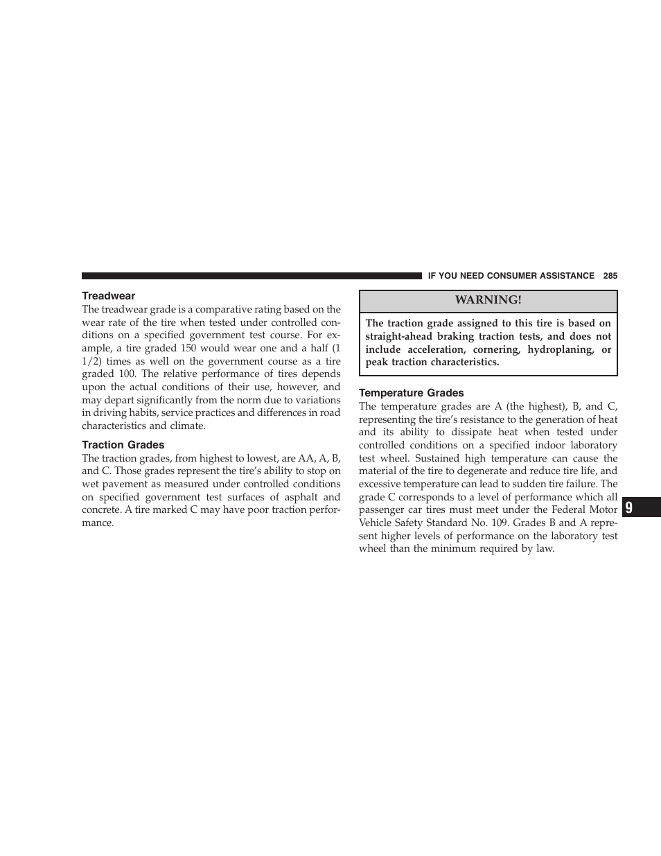 Treadwear, Traction grades, Temperature grades | Chrysler 2006 Sebring Convertible User Manual | Page 285 / 302