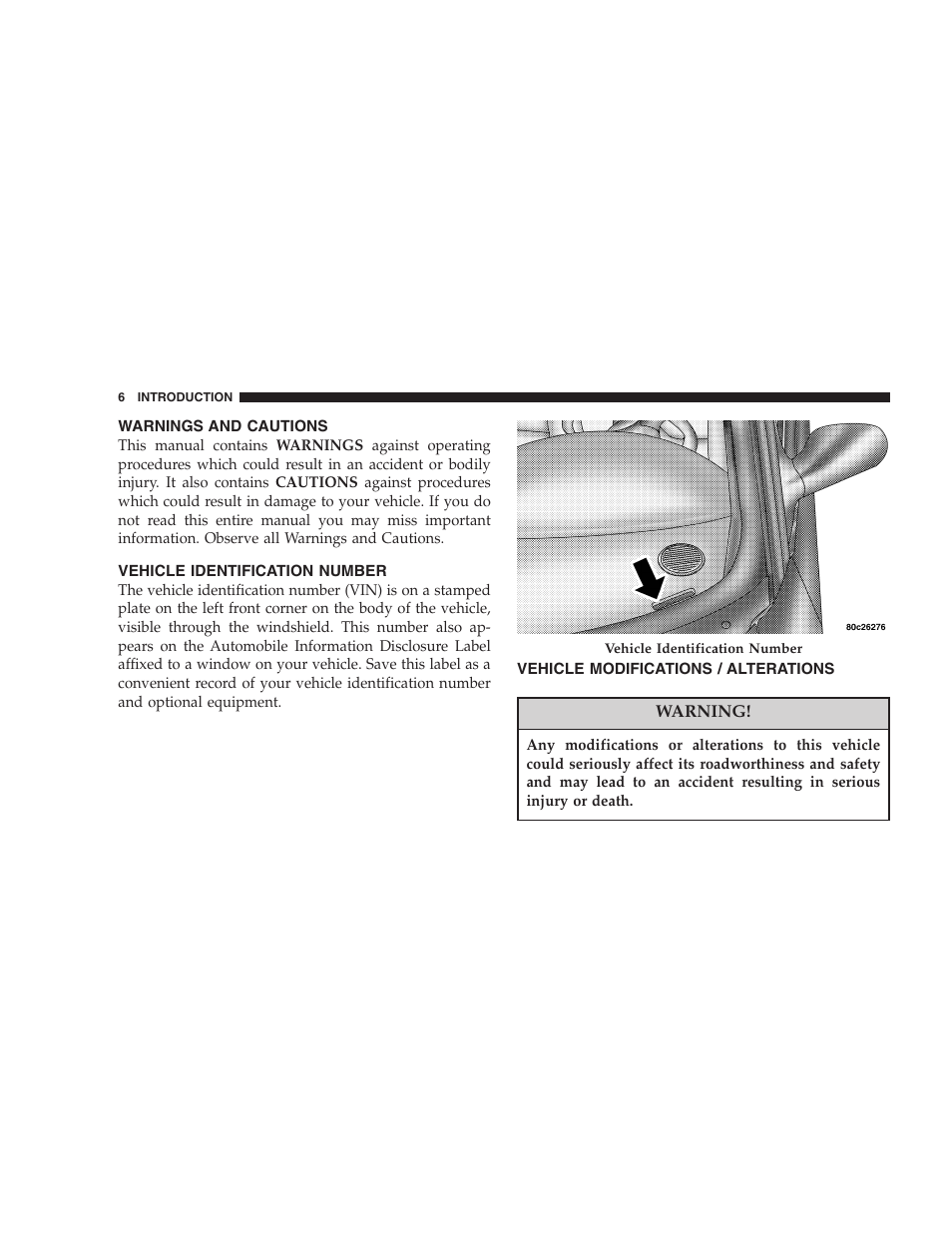 Warnings and cautions, Vehicle identification number, Vehicle modifications / alterations | Chrysler 2006 Sebring Convertible User Manual | Page 6 / 302